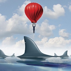 气球支撑人飞过鲨鱼出没的水域