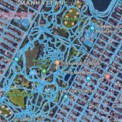 经过纽约市曼哈顿中心的路线，自动绘制成地图。
