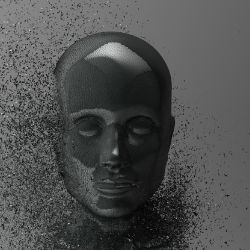 灰色图像的未来，金属，机器人头与比特数据爆炸从左侧