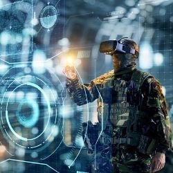 虚拟现实眼镜中的未来派士兵可视化并绘制军事策略
