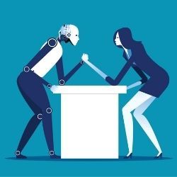 机器人和女人手臂摔跤的插图。