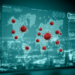 世界地图上的冠状病毒分子，插图