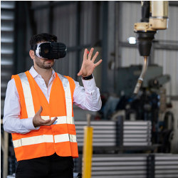 机械臂和戴着VR眼镜的工人