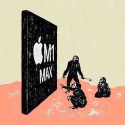 插图显示早期的hominids看着新的Apple M1 Max处理器，在一场从2001年的空间奥德赛中提醒生意人