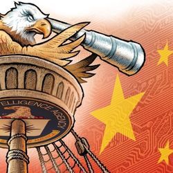 插图显示了一只代表美国的鹰，在乌鸦的巢中监视中国。