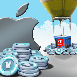 V-Bucks围绕着苹果logo和Epic Games logo热气球