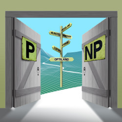 在两扇打开的门前分别标有P和NP的方向标志