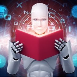 插图显示一个未来机器人正在读书。