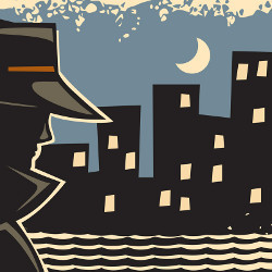 黑色侦探在夜间的城市景观，插图