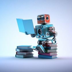 一幅插图展示了一个机器人坐在一堆书上看书。