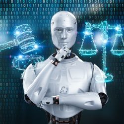3D渲染AI/机器人和法律规模和木槌法官