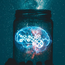 一个装在罐子里的齿轮的大脑的插图。