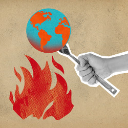 手拿着叉子上的地球仪，放在火上，插图