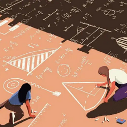 插图是两个女孩在操场上用粉笔画各种科学相关的项目，包括方程、公式和几何形状