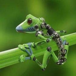 一只绿色的机械树蛙挂在一根芦苇上。