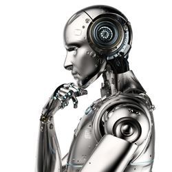 金属机器人的插图，手放在下巴上的思考姿势